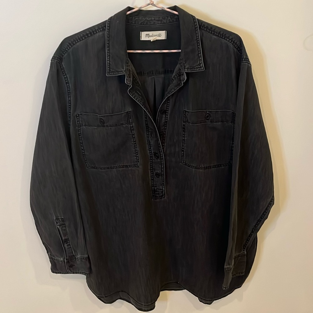 Madewell long sleeve tunic 1/2 button down pullover dark gray 100% cotton sz XXL